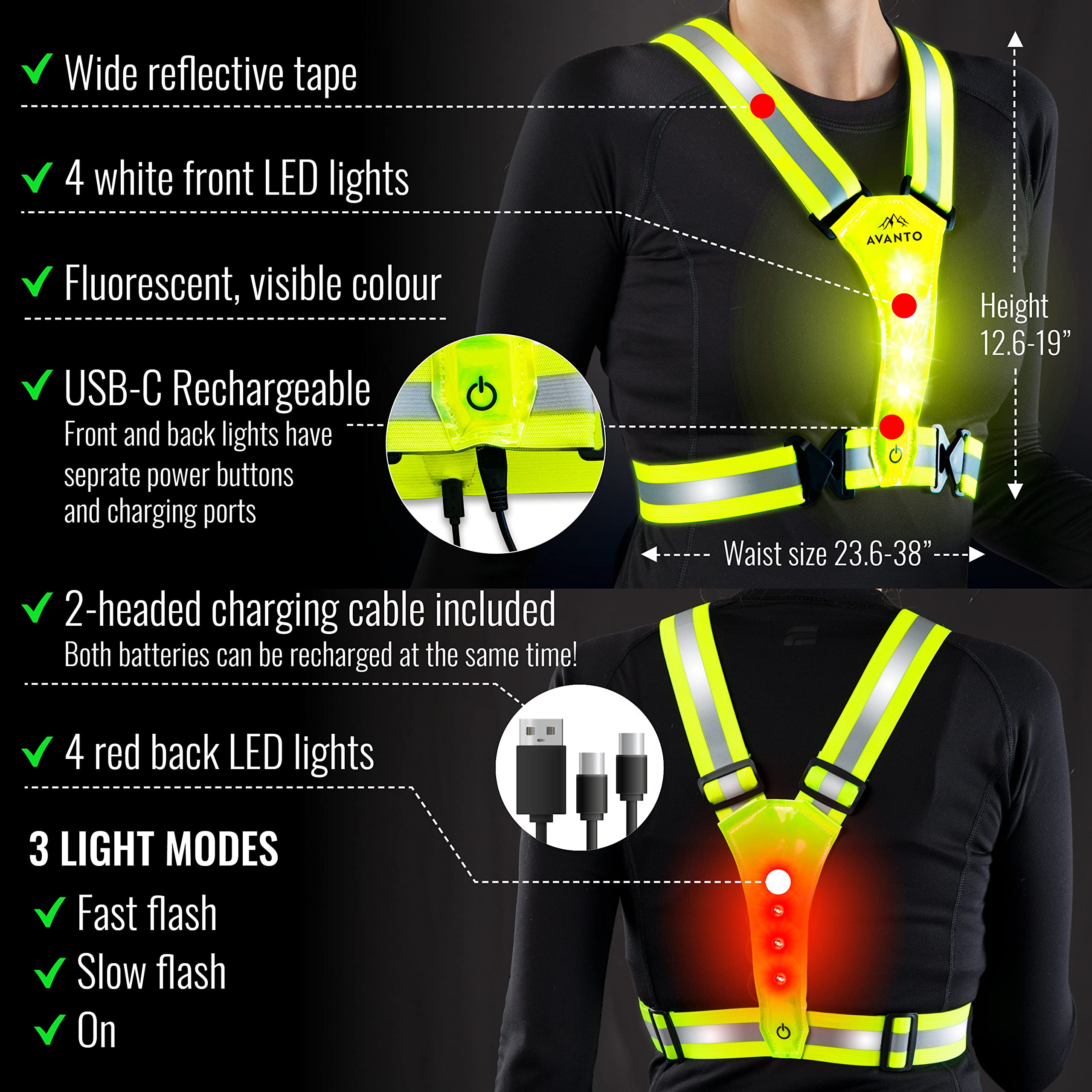 AVANTO LED Reflective Vest, Original, USB-C, High Visibility Safety Vest, Reflective Gear with Free Safety Courses, Running Lights for Runners, Dog Walking, Biking, Motorcycle, Driver