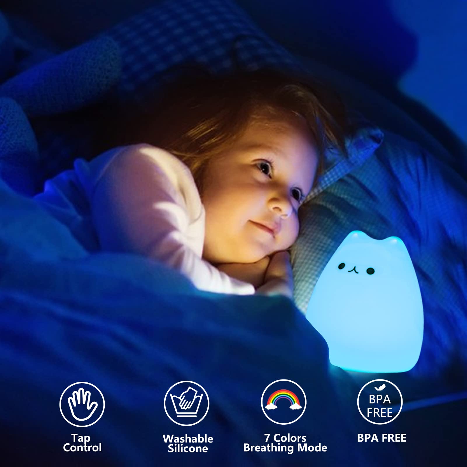 Tremdwoto Cat Night Light for Kids, Battery Powered Silicone Cute Cat Nursery Night Lights, Portable Night Light