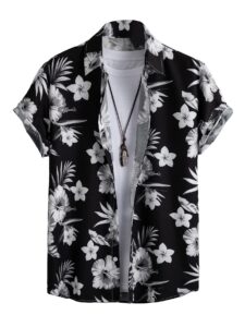wdirara men's button up short sleeve cat print beachwear striped pocket hawaiian shirt collar top shirts floral black white xxl