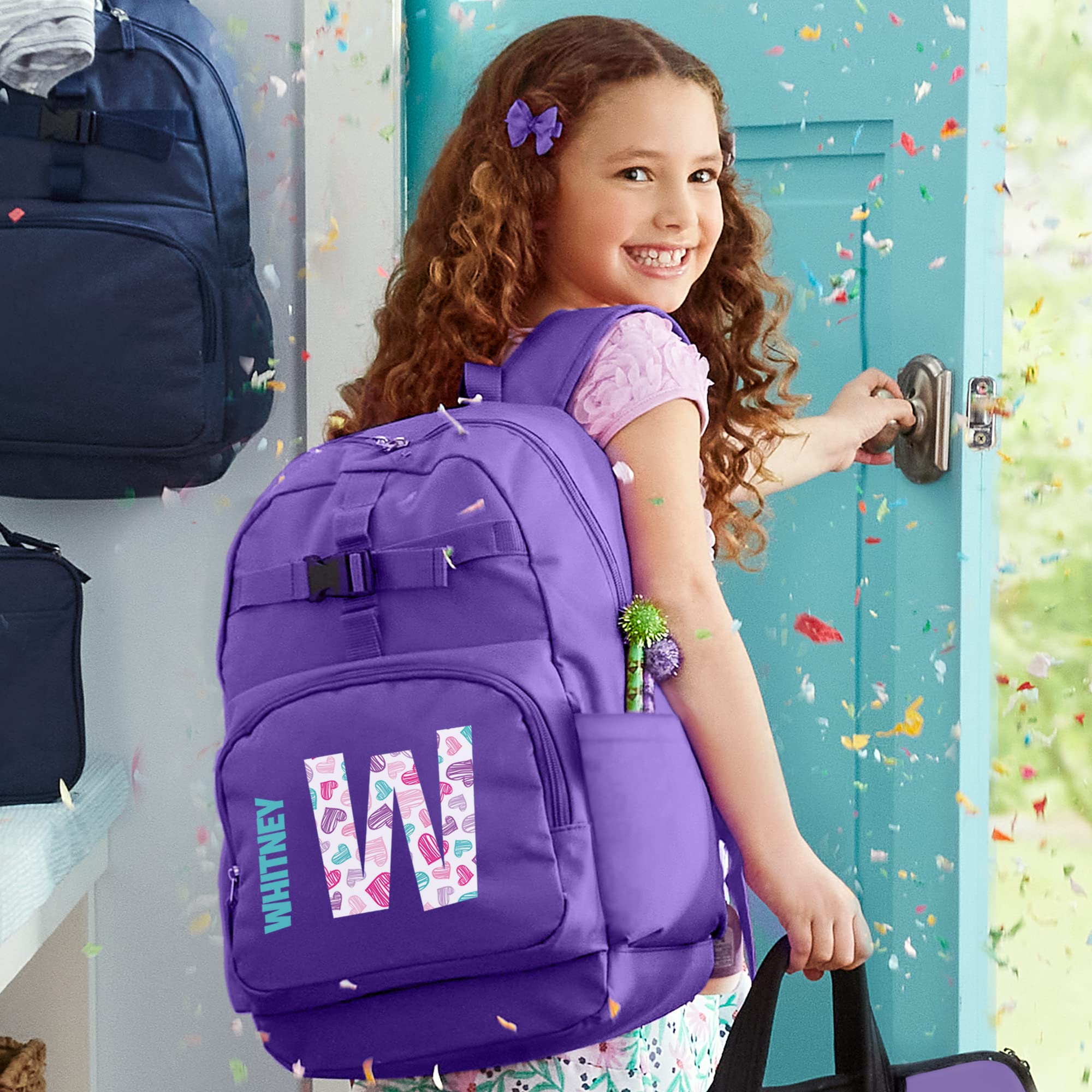 Let's Make Memories Personalized Kids Backpack with Lunch Box (Optional) - Purple, Bright Hearts