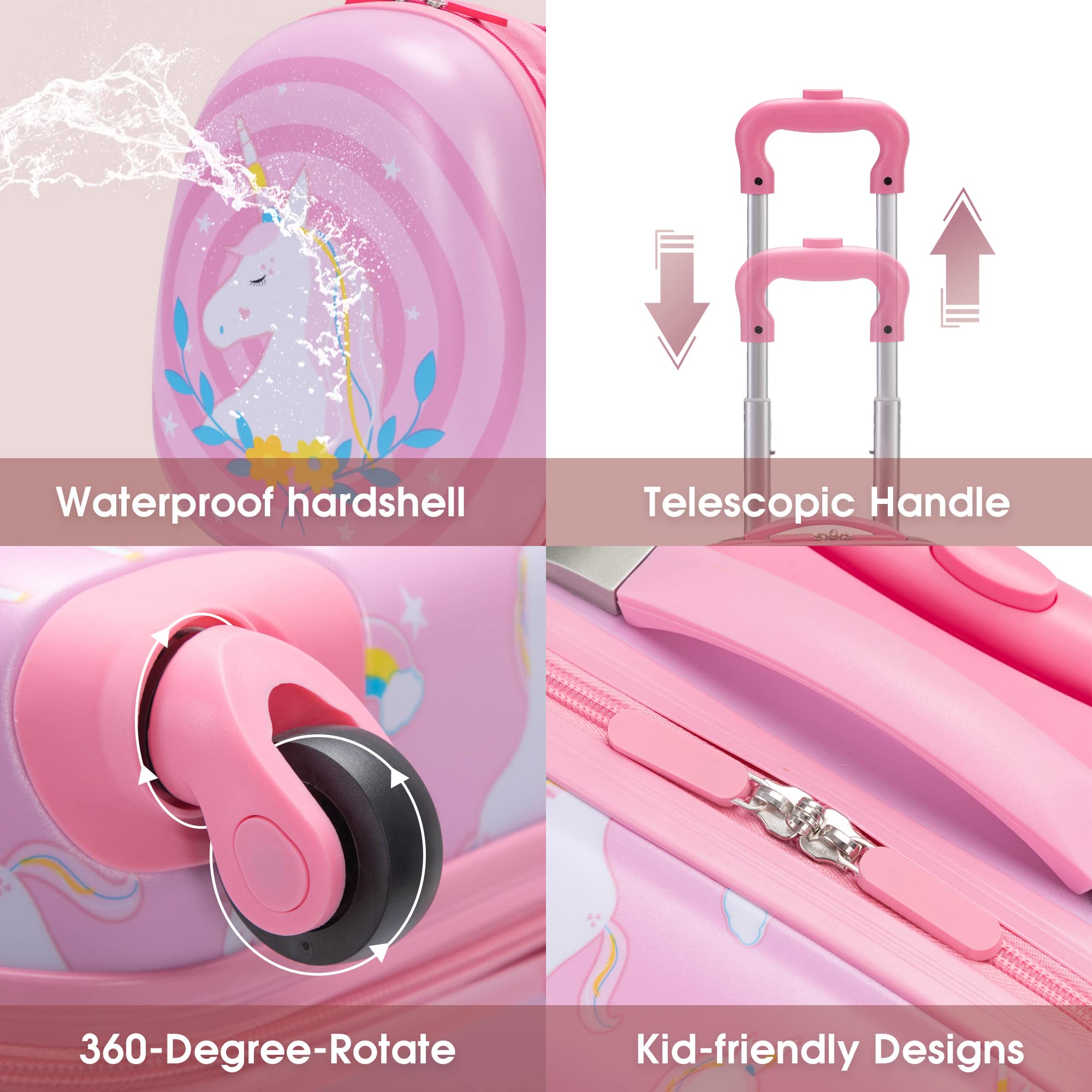 VLIVE Kids Luggage Set for Girls, 12” Backpack on Carry on Luggage for Kids, Travel Suitcase with Wheels for 3-5 years old (Unicorn)