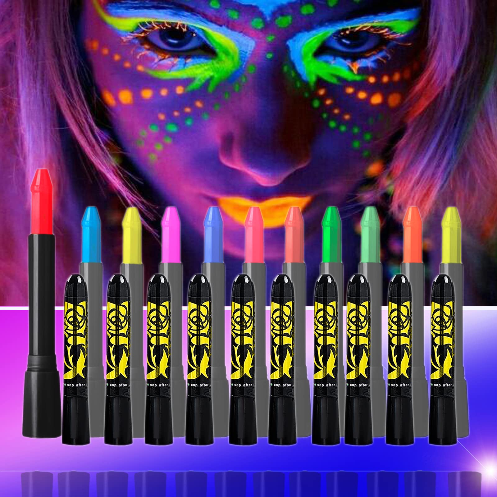 12 Colors Glow In The Dark Under Black Light Face & Body Paint, Black Light Glow Body Paint Makeup Fluorescent Neon Face Painting Crayons Kit for Halloween Costume Holiday Masquerades Club Makeup