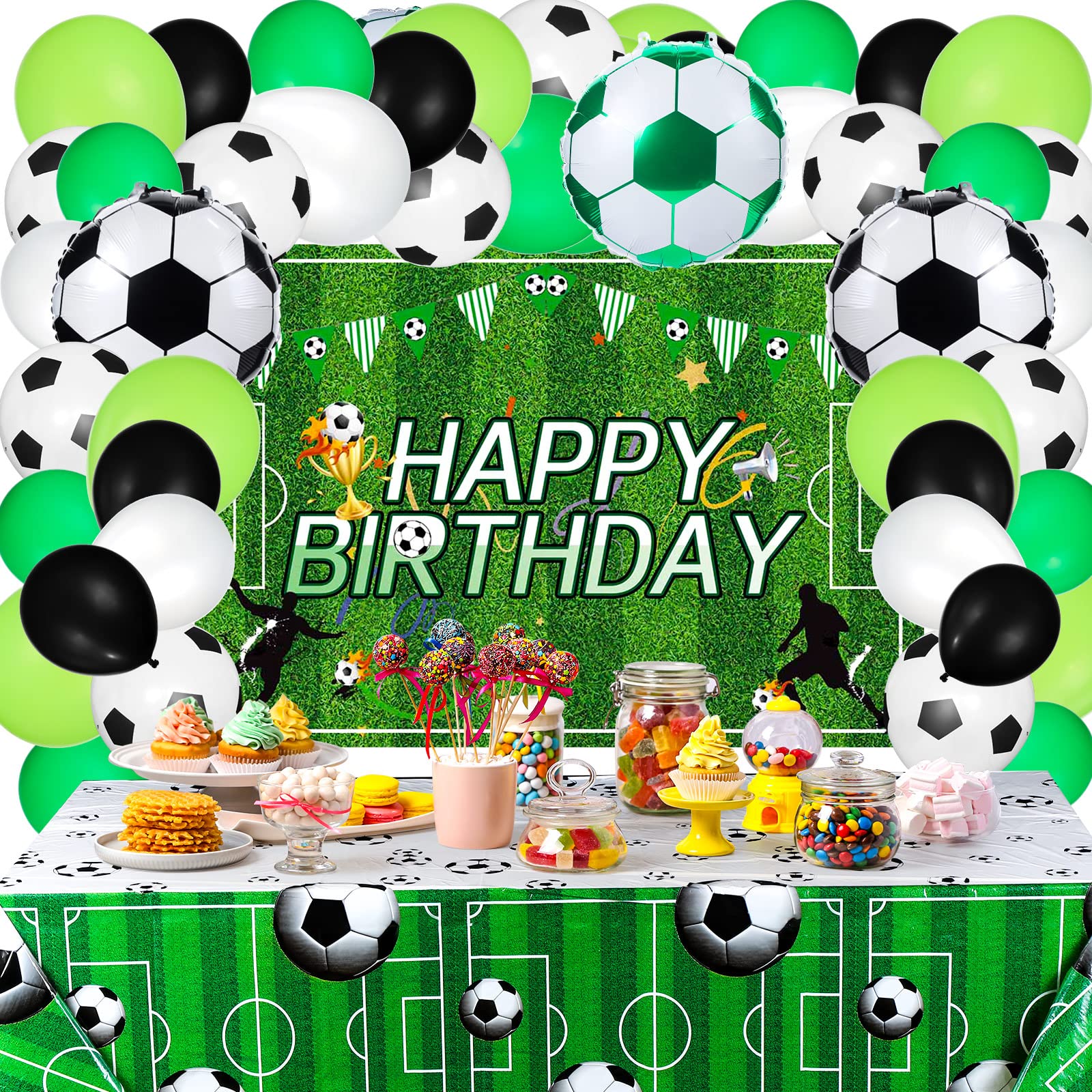 122 Pcs Soccer Themed Birthday Party Supplies Soccer Party Decorations Include Soccer Backdrop Soccer Balloons Plastic Soccer Table Covers Tablecloth Soccer Theme Sport Activity for Kid Adult