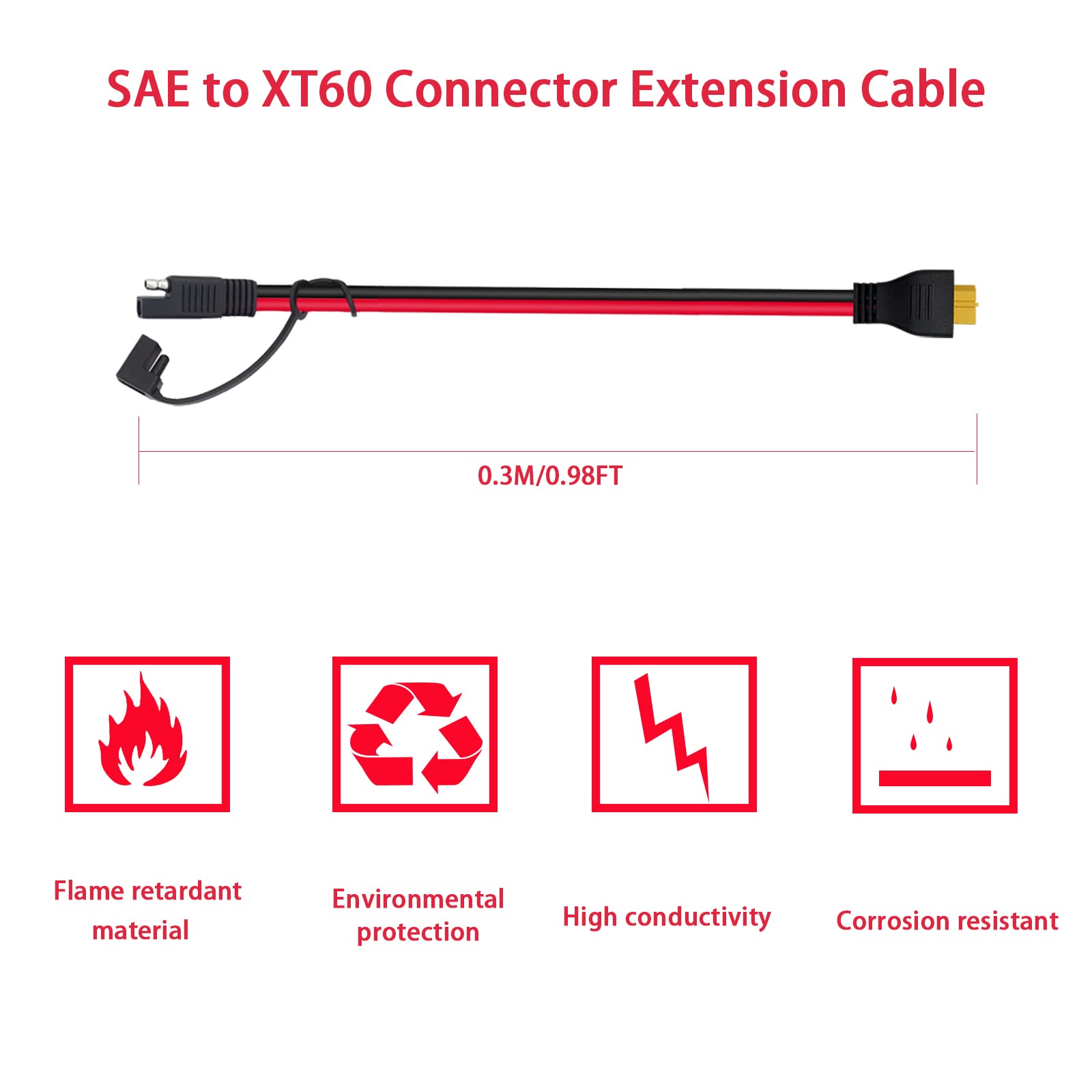 AnkEnergy 12AWG XT60 to SAE Connector Extension Cable for Solar Generator Portable Power Station SAE-XT60 (1Ft)