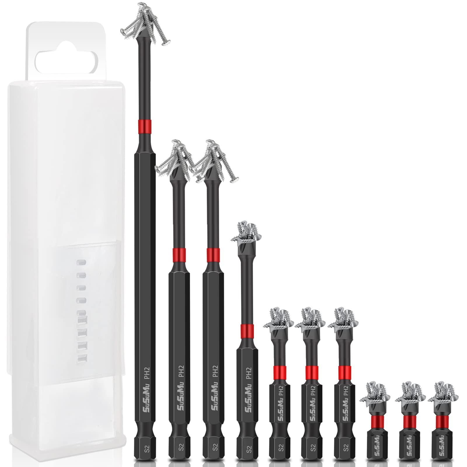 Magnetic Impact Phillips Bit #2 Insert Bits 1 2 3 4 6 inch Anti-Slip Long Screwdriver Bit Set PH2 1/4 Inch Hex Shank Cross Impact Driver Bit for Power Drilling (10PC,25-150mm)