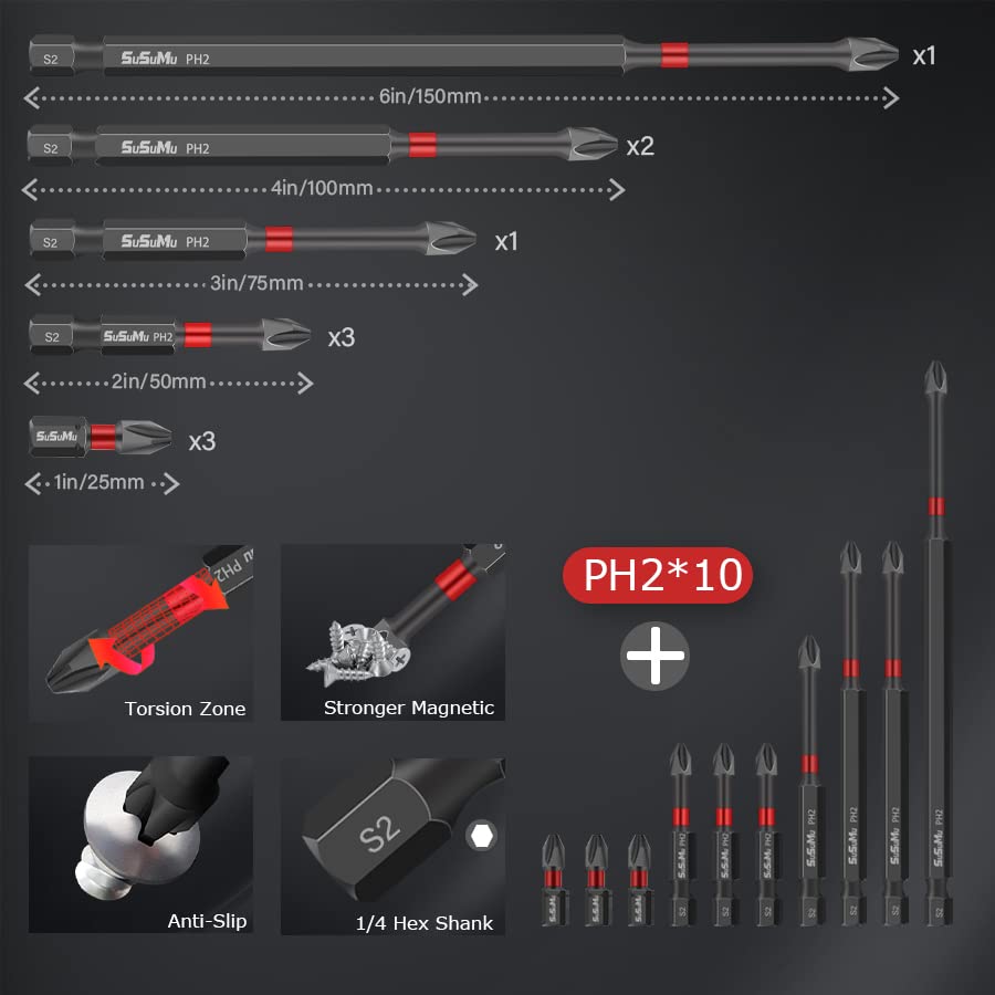 Magnetic Impact Phillips Bit #2 Insert Bits 1 2 3 4 6 inch Anti-Slip Long Screwdriver Bit Set PH2 1/4 Inch Hex Shank Cross Impact Driver Bit for Power Drilling (10PC,25-150mm)