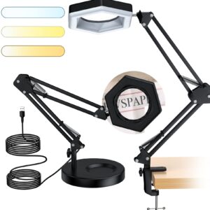 magnifying glass with light and stand, 5x large magnifying light, 2-in-1 led lighted magnifying glass with light hands free, desk magnifier craft lamp with 3 color modes for close work reading repair