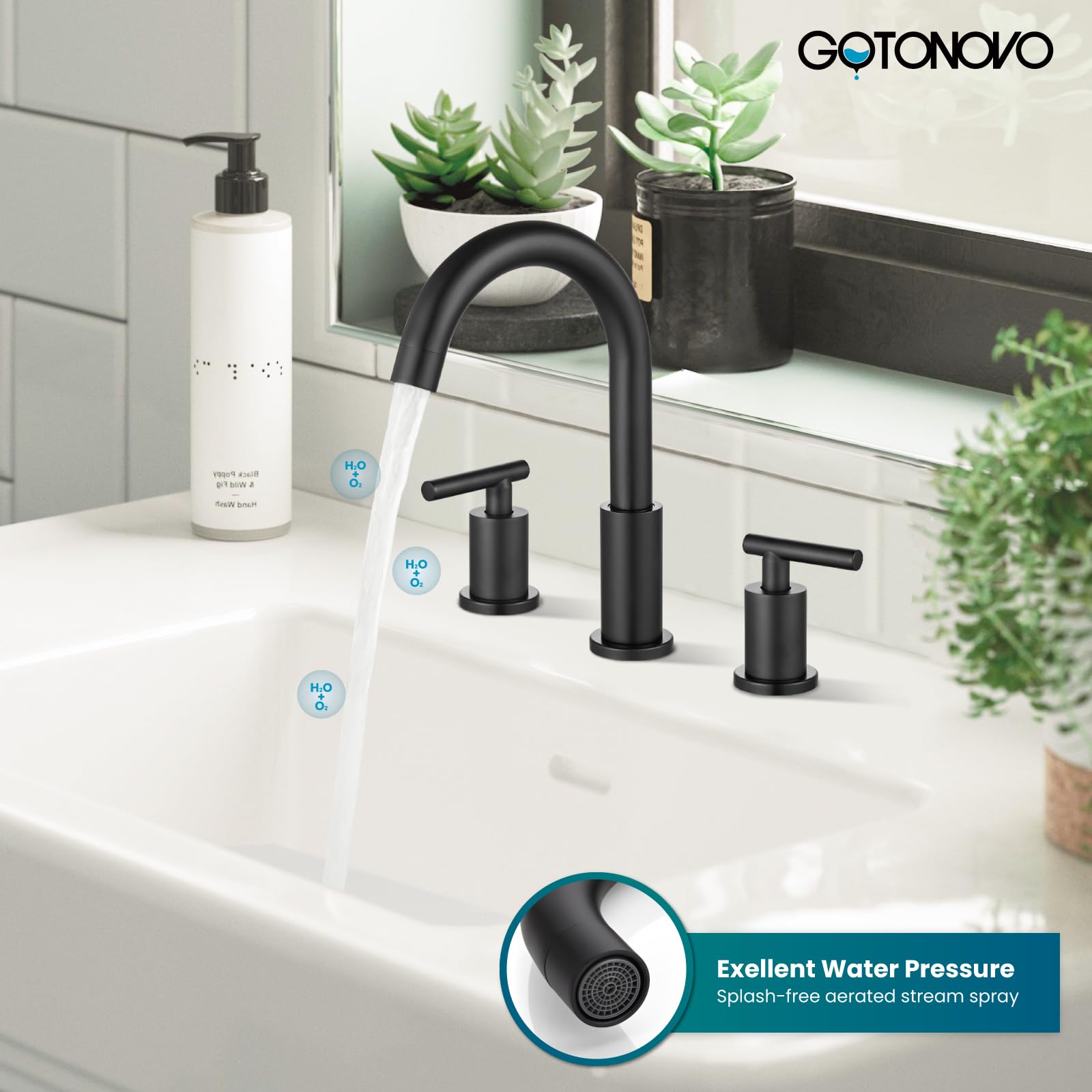 gotonovo 3 Hole 2 Handles Lavatory Basin Bathroom Sink Faucet with Pop Up Drain with Hot and Cold Mixer Valves 8 Inch Widespread Bathroom Faucet Matte Black