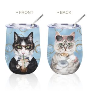 NymphFable 12oz Cool and Beautiful Cat Wine Tumbler Gifts for Men and Women Insulated Stainless Steel Cat Cups