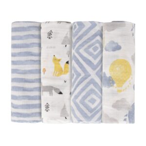 featherhead™ 4-pack 100% cotton muslin swaddle blankets for baby boy - large 47”x 47” - pre-washed, soft, & breathable - newborn essential & perfect baby registry gift (blue foxes)