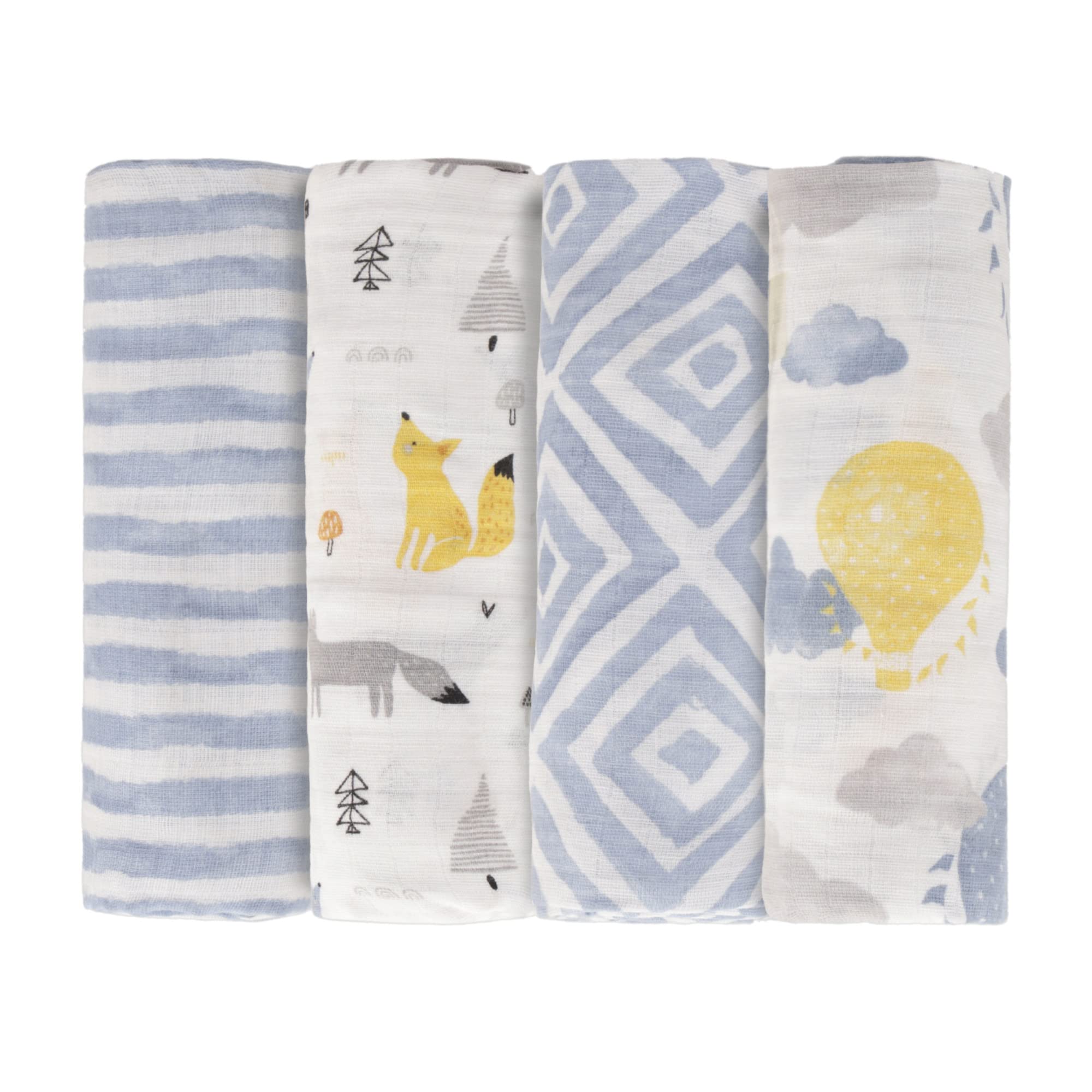 Featherhead™ 4-Pack 100% Cotton Muslin Swaddle Blankets for Baby Boy - Large 47”x 47” - Pre-Washed, Soft, & Breathable - Newborn Essential & Perfect Baby Registry Gift (Blue Foxes)