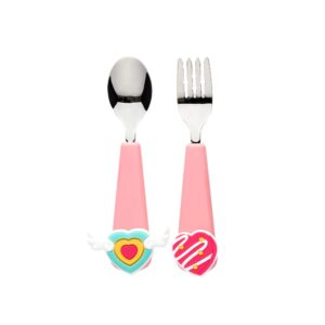 flex&lock flexwarez kids utensil set with flexcharmz silicone charms accessories - easy to decorate spoon and fork - fun lunch for toddler and kids - unicorn world theme/ 2 pack/heart & heart donut