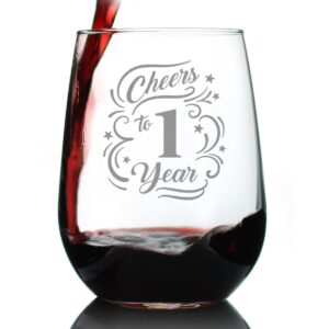 cheers to 1 year - stemless wine glass gifts for women & men - 1st anniversary party decor - large 17 oz glasses