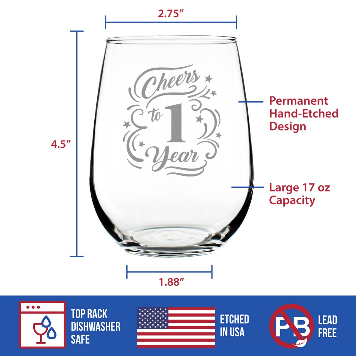 Cheers to 1 Year - Stemless Wine Glass Gifts for Women & Men - 1st Anniversary Party Decor - Large 17 Oz Glasses