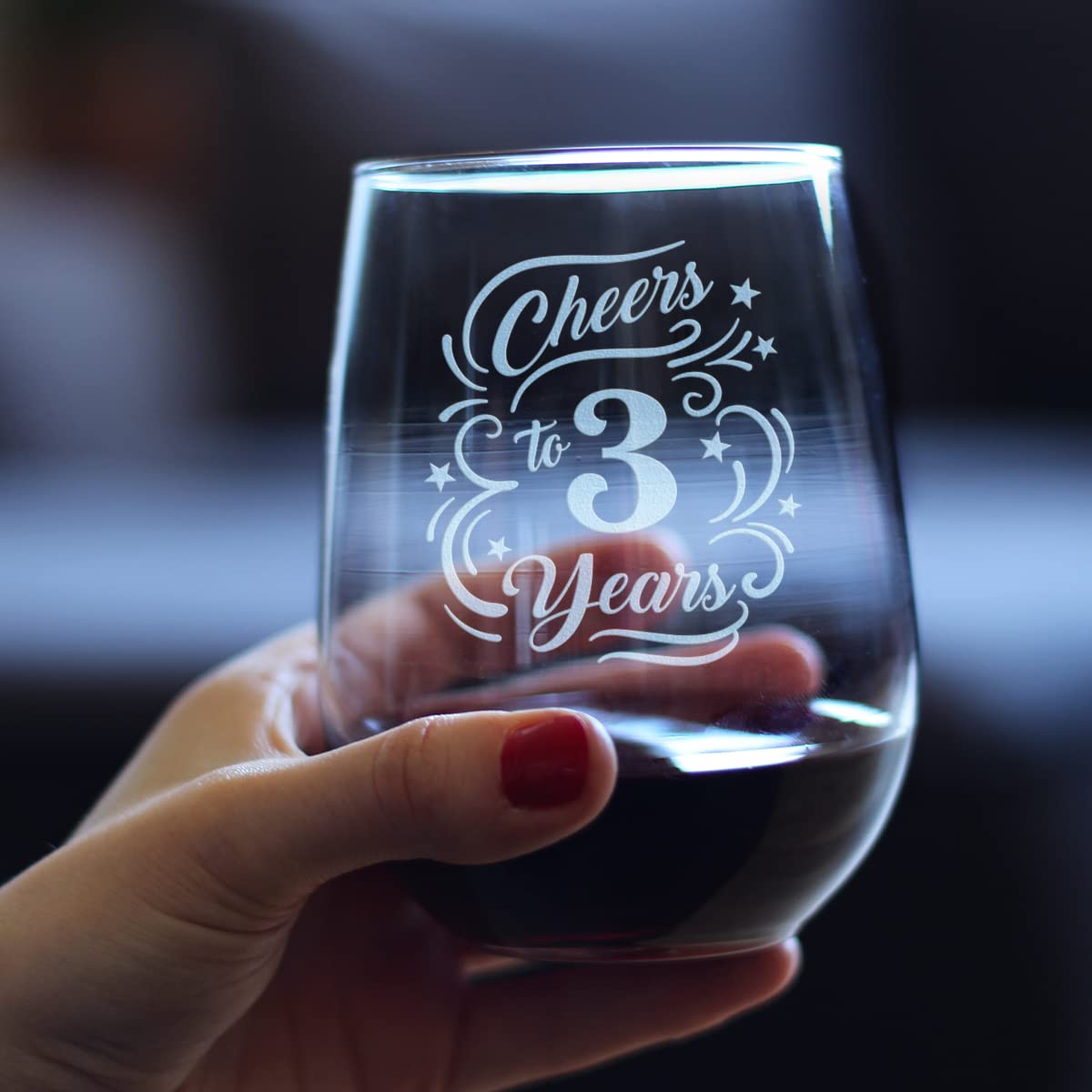 Cheers to 3 Years - Stemless Wine Glass Gifts for Women & Men - 3rd Anniversary Party Decor - Large 17 Oz Glasses