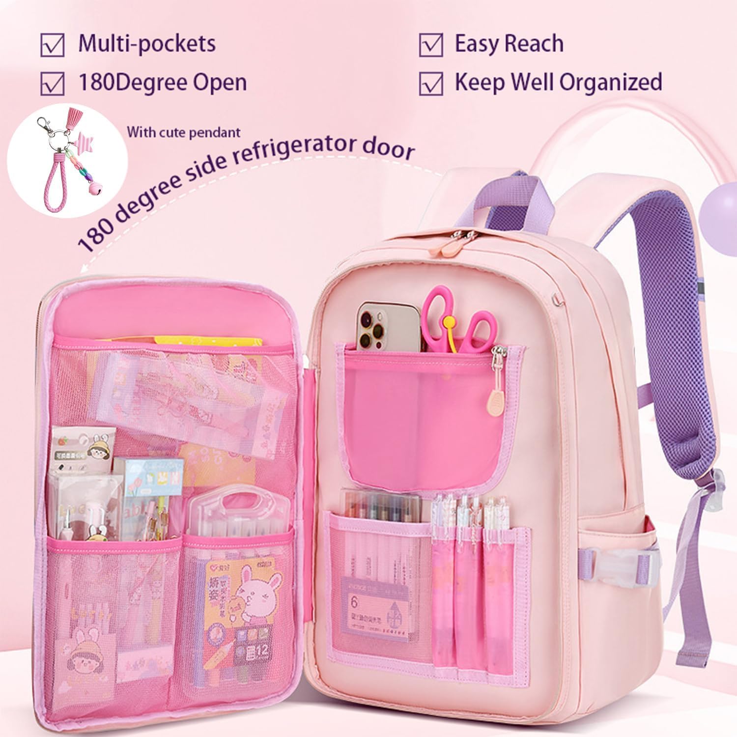 Stylifeo Bunny Backpack for Girls Cute Backpack Kawaii School Bookbag for Kindergarten Preschool Elementary(Pink for girl grades 1-3)