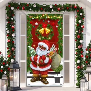 christmas door cover black santa claus decorations merry christmas banner decor christmas bells tree vintage wall hanging banner for christmas party supplies (35 x 70 inches)