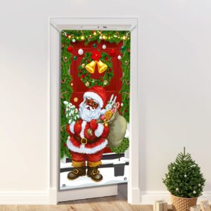 Christmas Door Cover Black Santa Claus Decorations Merry Christmas Banner Decor Christmas Bells Tree Vintage Wall Hanging Banner for Christmas Party Supplies (35 x 70 Inches)