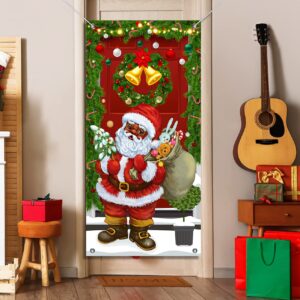 Christmas Door Cover Black Santa Claus Decorations Merry Christmas Banner Decor Christmas Bells Tree Vintage Wall Hanging Banner for Christmas Party Supplies (35 x 70 Inches)