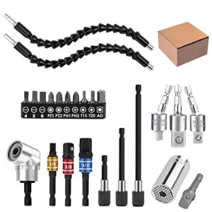 24pcs Flexible Drill Bit Extension Set, 105°Right Angle Drill Attachmen, Rotatable Joint Socket 1/4 3/8 1/2 Inch Hex Socket Adapter Socket Bendable Drill Bit Extension Screwdriver with a Box (Black)