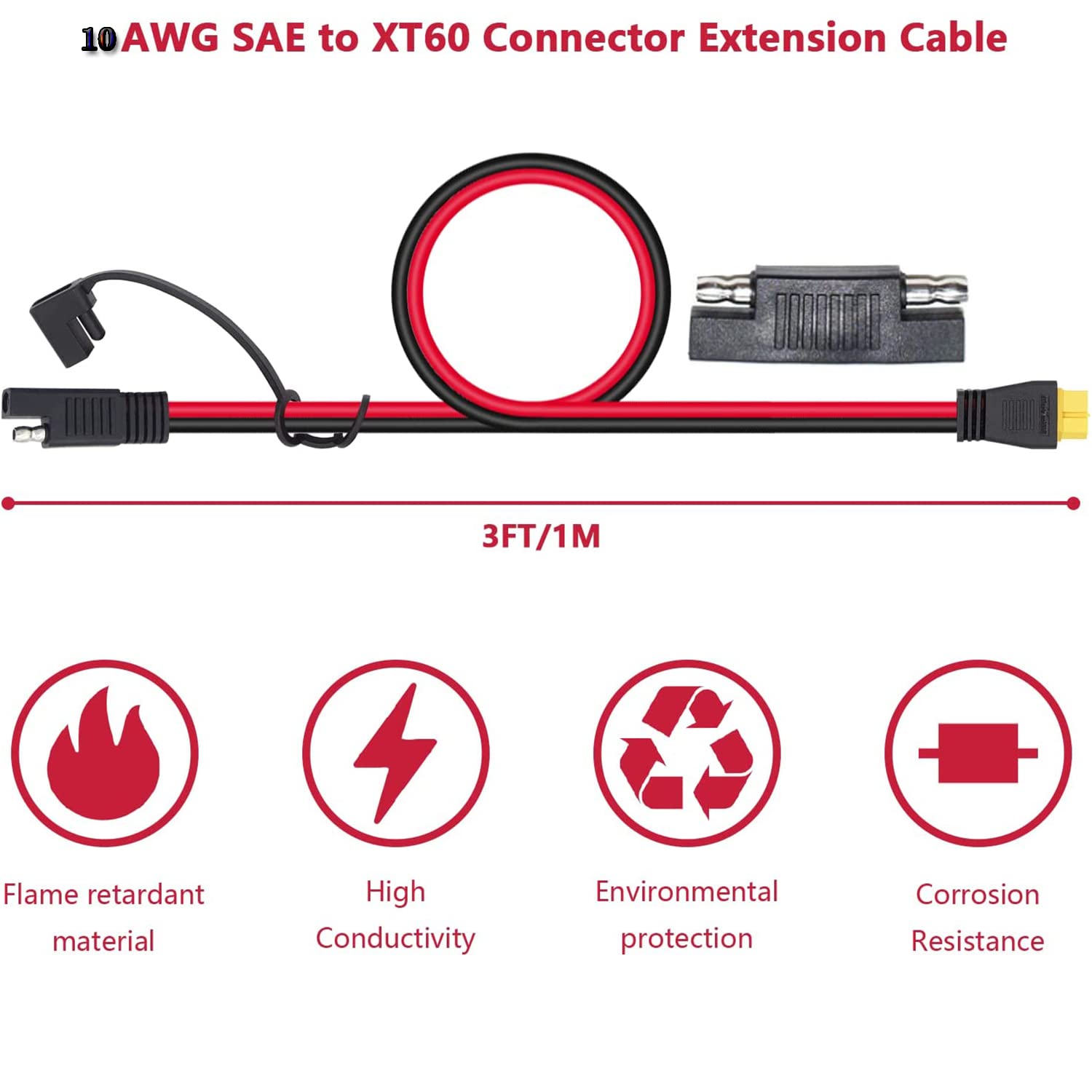 LIXINTIAN 10AWG SAE to XT60 Adapter Connector Extension Cable for Solar,with 1 SAE Polarity Reverse Connector-1M/ 3.28Ft