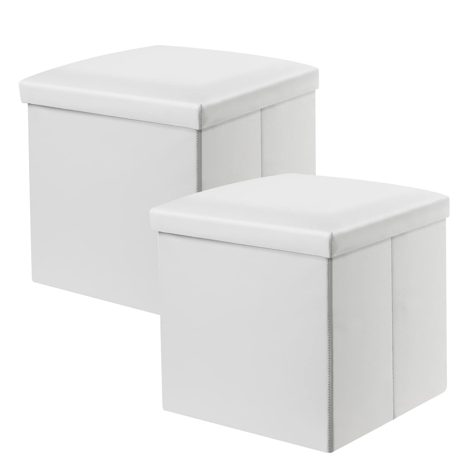 DEARYOU White Storage Ottoman Cube, Folding Storage Ottoman Square, Small Foot Rest Ottoman with Foam Padded Seat, 15 Inches Faux Leather (White,2pcs)