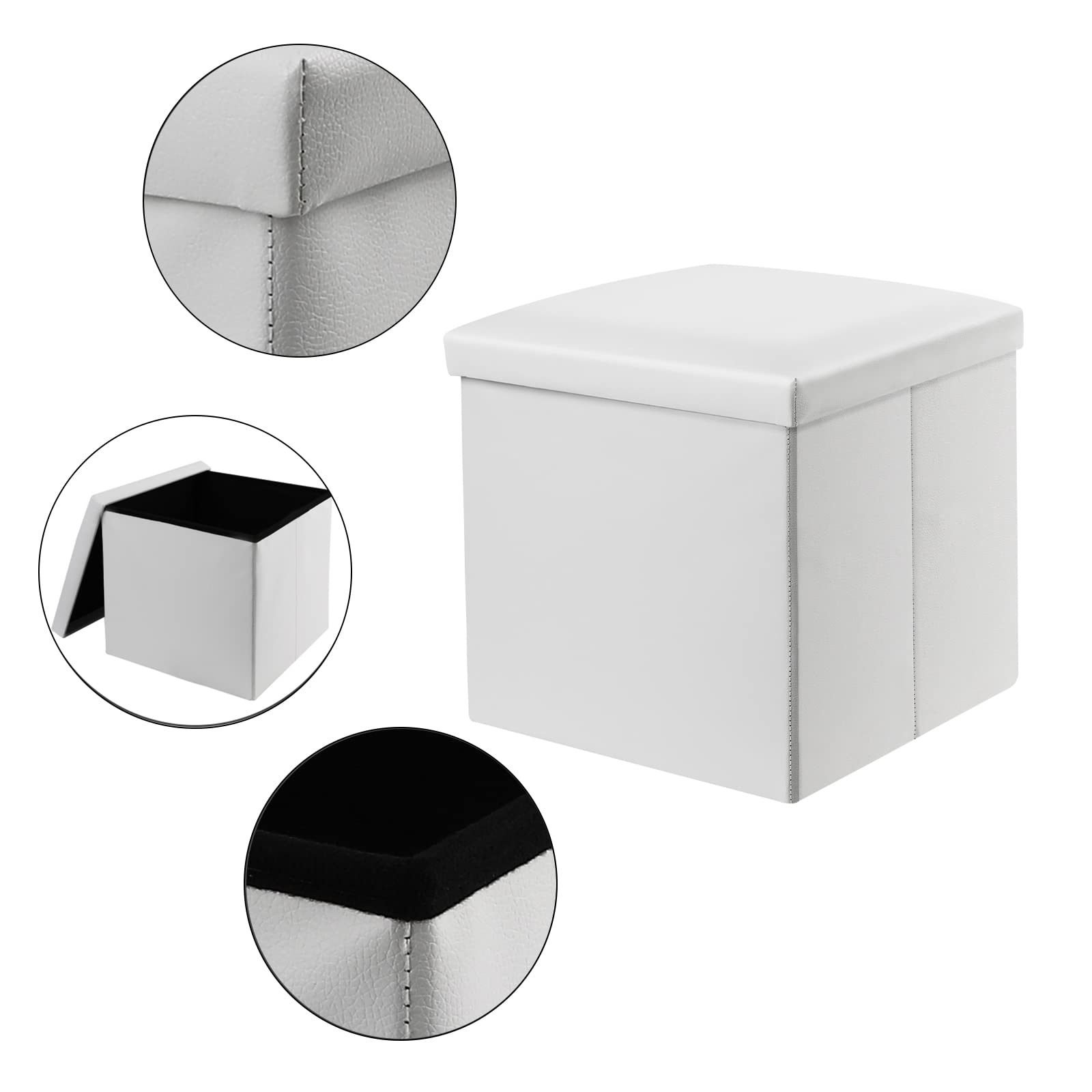 DEARYOU White Storage Ottoman Cube, Folding Storage Ottoman Square, Small Foot Rest Ottoman with Foam Padded Seat, 15 Inches Faux Leather (White,2pcs)