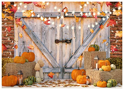 AIIKES 7X5FT Fall Thanksgiving Backdrop Autumn Pumpkin Harvest Barn Door Photography Backdrop Light Post Maple Leaves Haystack Thanksgiving Party Decorations Photo Studio Prop 12-457