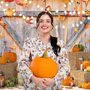 AIIKES 7X5FT Fall Thanksgiving Backdrop Autumn Pumpkin Harvest Barn Door Photography Backdrop Light Post Maple Leaves Haystack Thanksgiving Party Decorations Photo Studio Prop 12-457