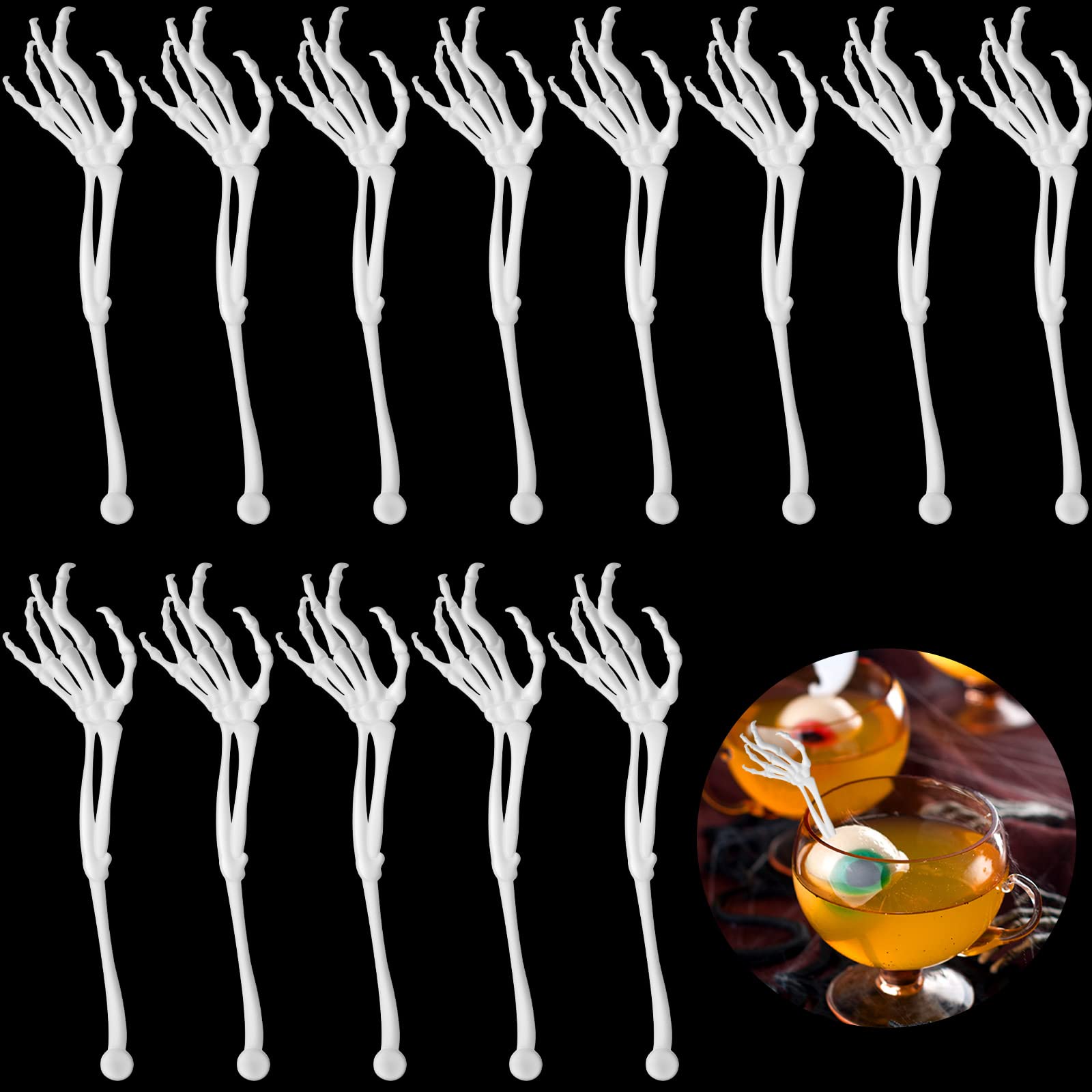 48 Pcs Skeleton Swizzle Sticks Skeleton Hand Plastic Food Picks Reusable Drink Stirrer Cocktail Drink Swizzle Stick Halloween Party Decorations for Birthday Bar Home Office (White,Arm)