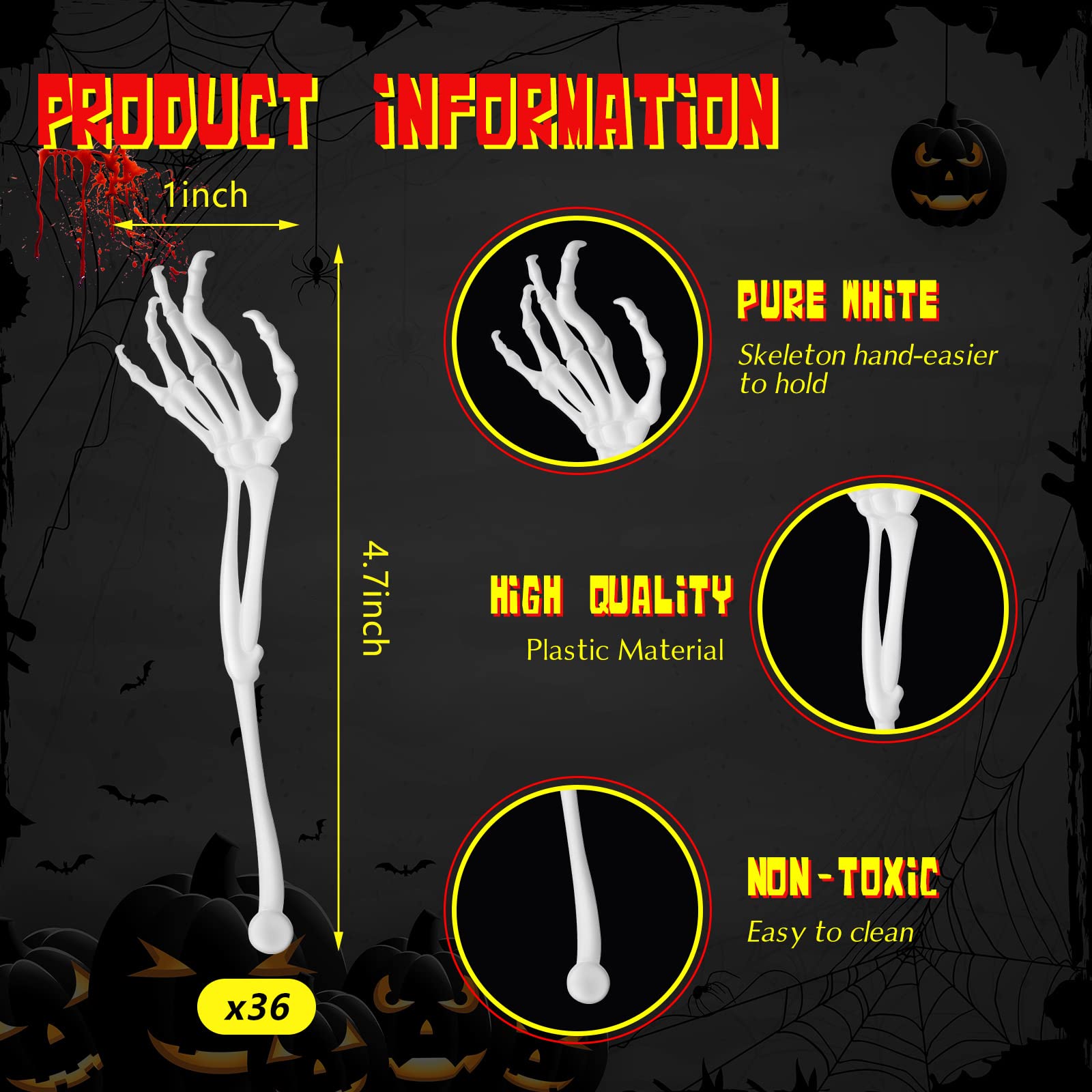 48 Pcs Skeleton Swizzle Sticks Skeleton Hand Plastic Food Picks Reusable Drink Stirrer Cocktail Drink Swizzle Stick Halloween Party Decorations for Birthday Bar Home Office (White,Arm)