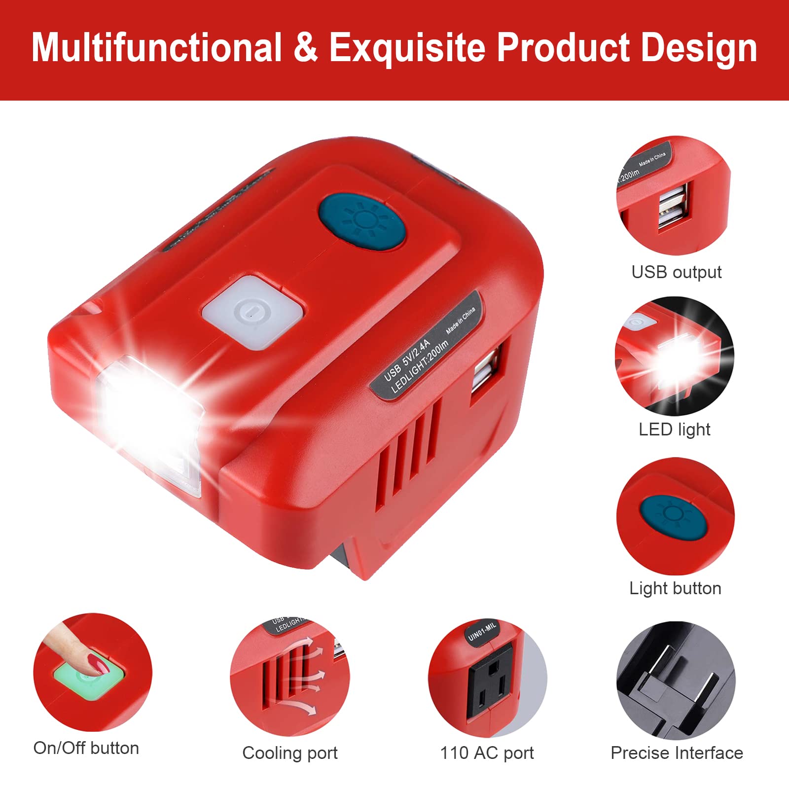 Power Inverter for Milwaukee 18V M18 Battery, 150Watt Newly Portable Inverter Generator with 5.9" USB Cable, DC 18V to AC 110~120V, Modified Sine Wave Power Inverter with Dual USB & LED Light