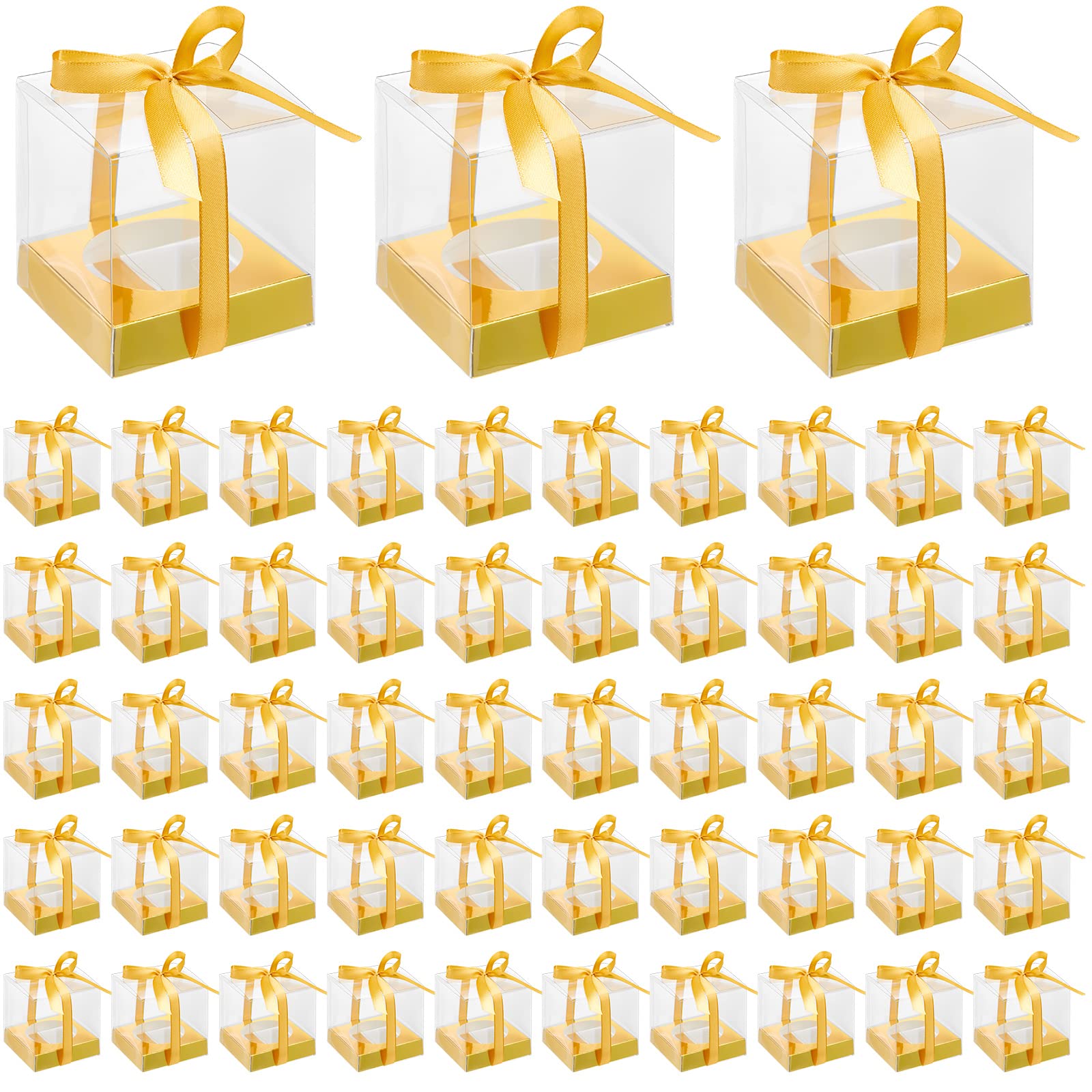 Tuanse 96 Pieces Individual Cupcake Boxes Single Cupcake Container Cupcake Carrier Plastic Cupcake Holder with Ribbons and Inserts for Wedding Birthday Party Favors, 3.5 x 3.5 x 3.5 Inch (Gold)