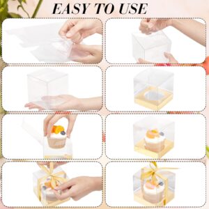 Tuanse 96 Pieces Individual Cupcake Boxes Single Cupcake Container Cupcake Carrier Plastic Cupcake Holder with Ribbons and Inserts for Wedding Birthday Party Favors, 3.5 x 3.5 x 3.5 Inch (Gold)