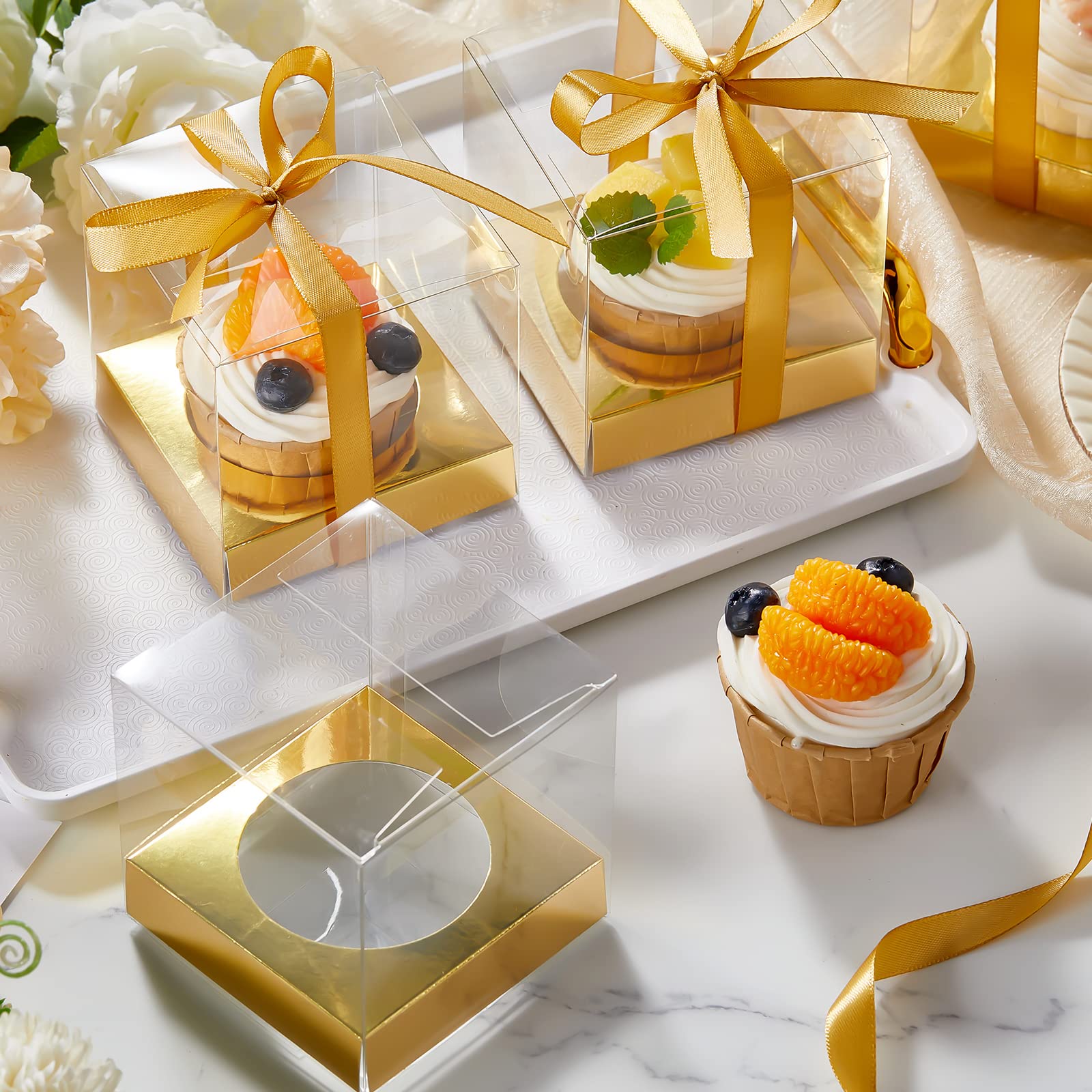 Tuanse 96 Pieces Individual Cupcake Boxes Single Cupcake Container Cupcake Carrier Plastic Cupcake Holder with Ribbons and Inserts for Wedding Birthday Party Favors, 3.5 x 3.5 x 3.5 Inch (Gold)