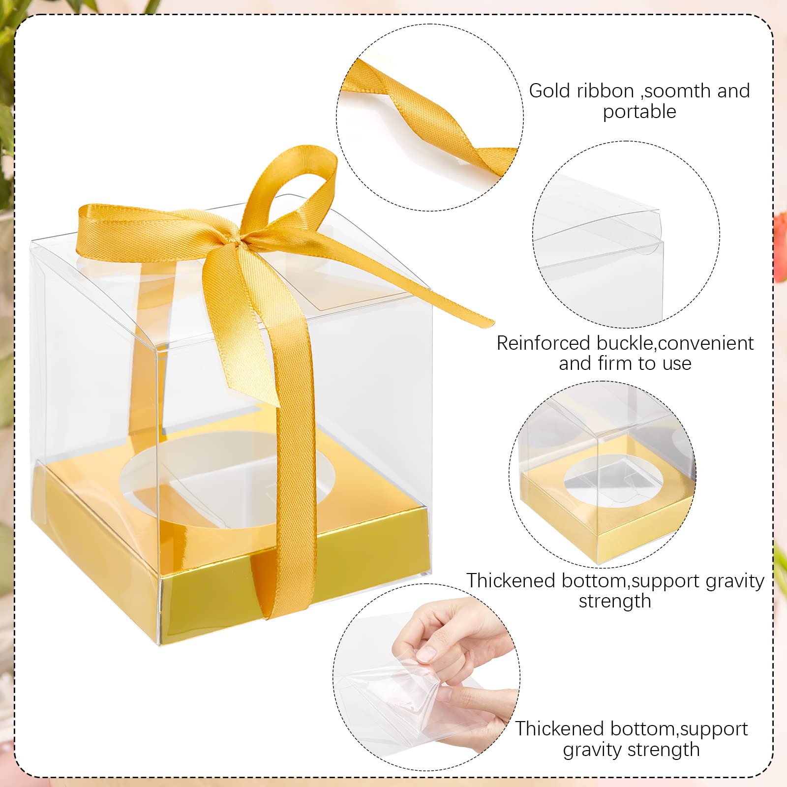 Tuanse 96 Pieces Individual Cupcake Boxes Single Cupcake Container Cupcake Carrier Plastic Cupcake Holder with Ribbons and Inserts for Wedding Birthday Party Favors, 3.5 x 3.5 x 3.5 Inch (Gold)