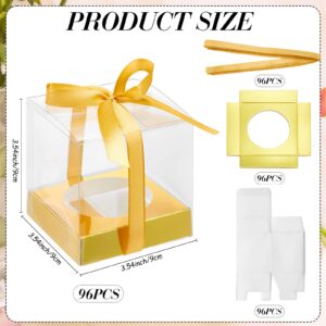 Tuanse 96 Pieces Individual Cupcake Boxes Single Cupcake Container Cupcake Carrier Plastic Cupcake Holder with Ribbons and Inserts for Wedding Birthday Party Favors, 3.5 x 3.5 x 3.5 Inch (Gold)