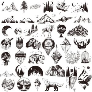 ooopsiun 30 sheets small black mountain planet temporary tattoos for men women - unique realistic waterproof forest triangle designs body art tattoos for adults