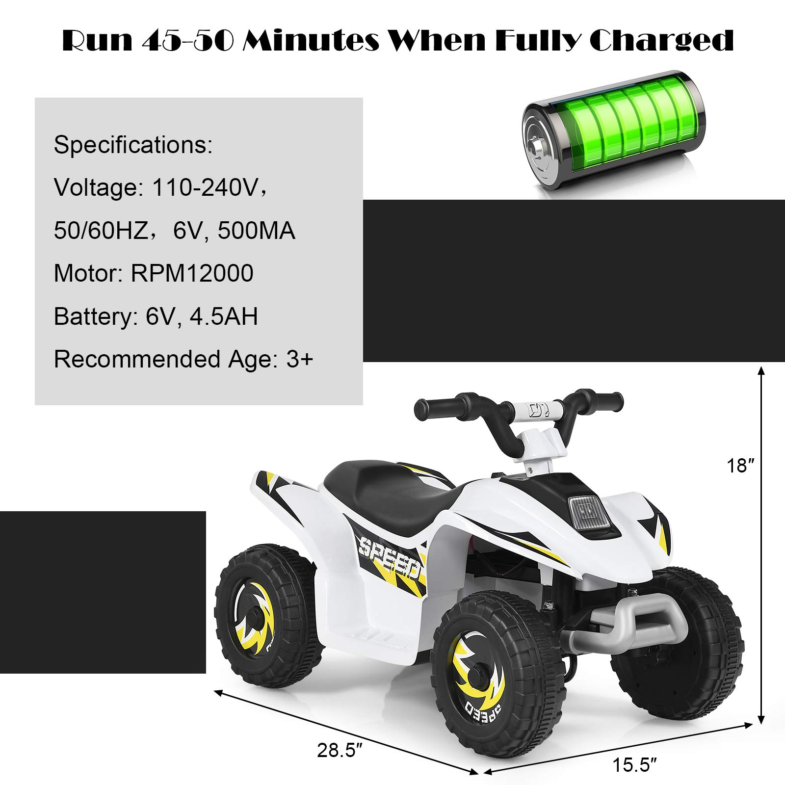 OLAKIDS Kids Ride On ATV, 6V Motorized Quad Toy Car for Toddlers, 4 Wheeler Battery Powered Electric Vehicle for Boys Girls with Forward/Reverse Switch, Anti-Slip Wheels (White)