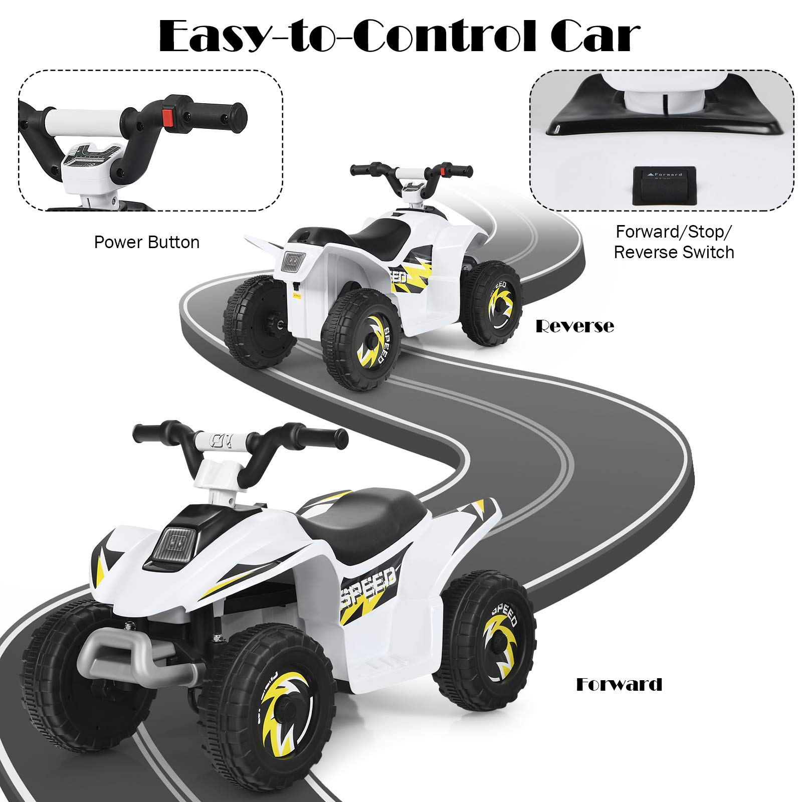 OLAKIDS Kids Ride On ATV, 6V Motorized Quad Toy Car for Toddlers, 4 Wheeler Battery Powered Electric Vehicle for Boys Girls with Forward/Reverse Switch, Anti-Slip Wheels (White)