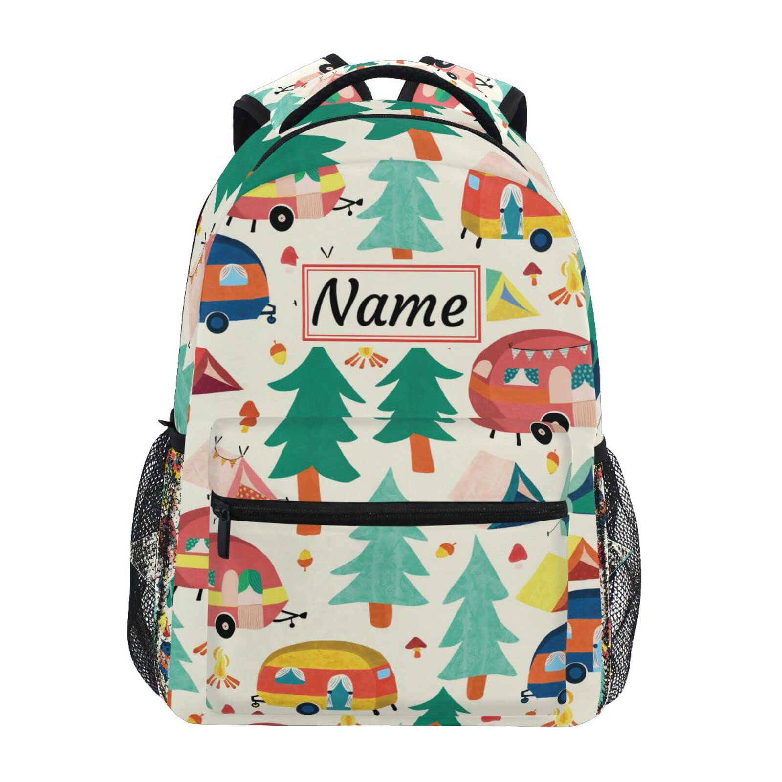 Camper Caravans and Tents in Forest Custom School Backpack for Boys Girls, Personalized Name Elementary School Bookbag Travel Bag Daypack