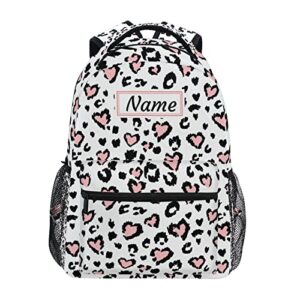 leopard print pink heart custom school backpack for boys girls, personalized name elementary school bookbag travel bag daypack