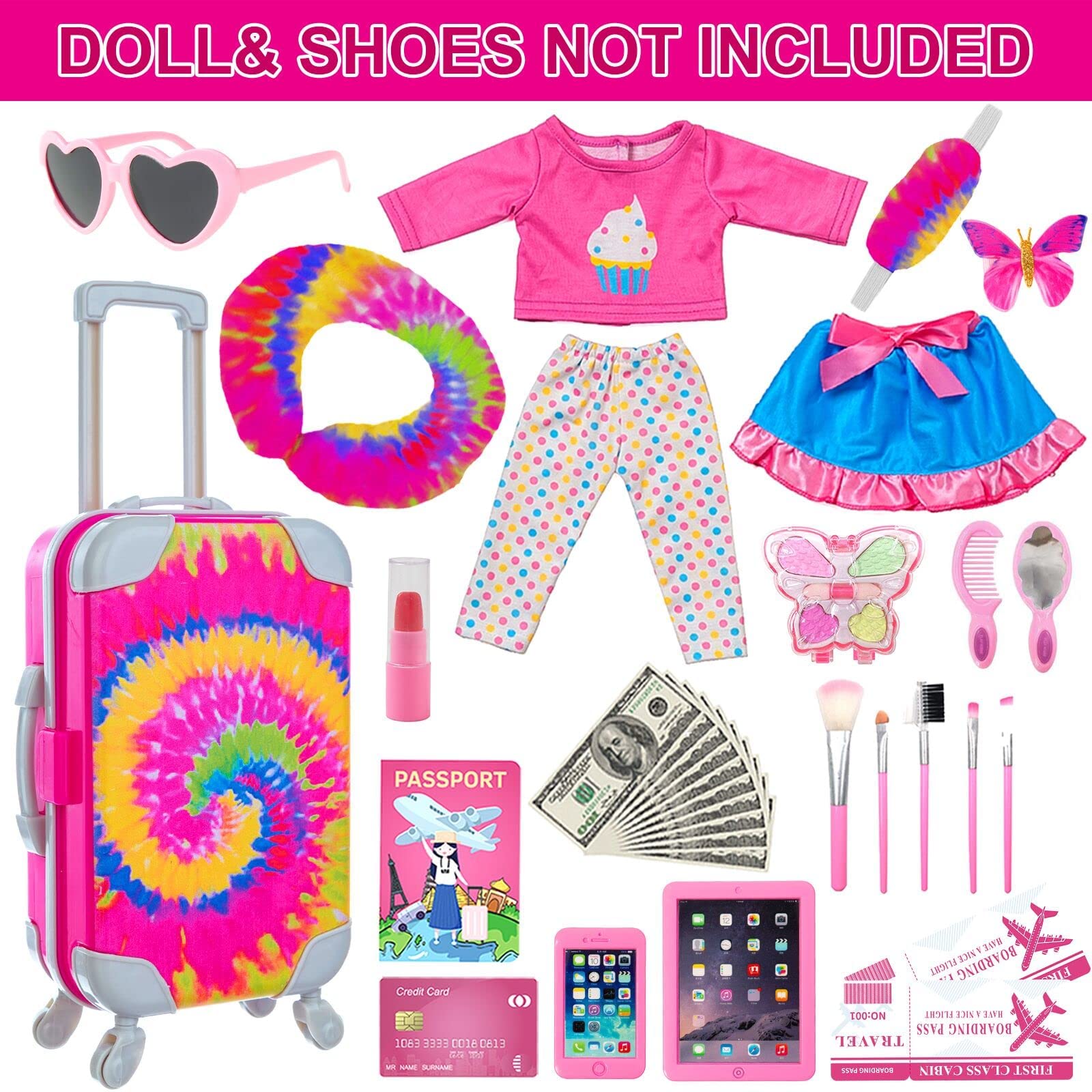 UZIDBTO American 18 Inch Doll Accessories - 18" Doll Clothes with Travel Suitcase and Pretend Makeup Kit for Kids Includes Luggage, Sunglasses, Phone, Hair Clip and Makeup Set