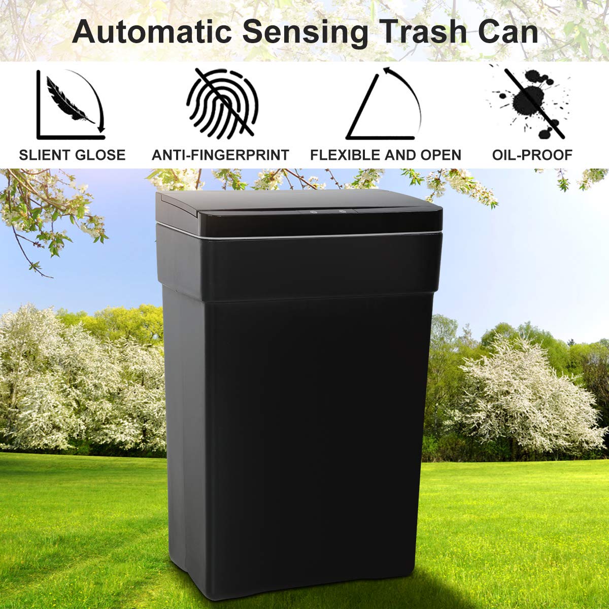 Dkelincs 13 Gallon Trash Can Automatic Motion Sensor Kitchen Trash Can Plastic High-Capacity Touch Free Garbage Can with Lid for Bathroom Bedroom Home Office, 50 Liter, Black