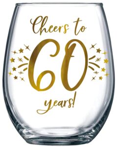 honeyplum 60th birthday or anniversary wine glass gift - cheers to 60 years - 20oz - stunning gold foil design