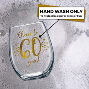 Honeyplum 60th Birthday or Anniversary Wine Glass Gift - Cheers to 60 Years - 20oz - Stunning Gold Foil Design