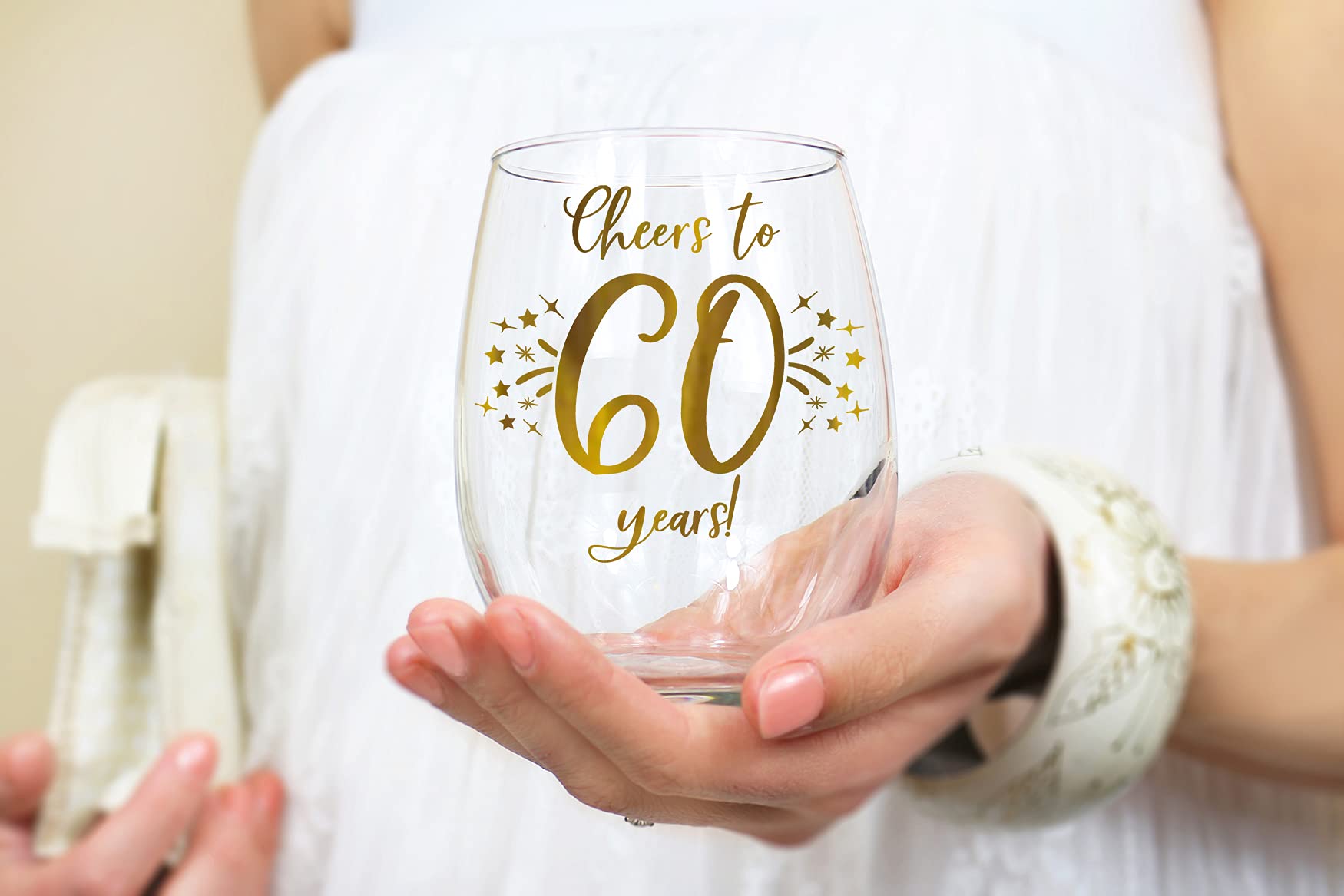 Honeyplum 60th Birthday or Anniversary Wine Glass Gift - Cheers to 60 Years - 20oz - Stunning Gold Foil Design