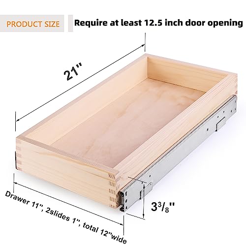Mulush Pull Out Cabinet Organizer, Soft Close Slide Out Wood Drawer Storage Shelves for Kitchen, 11”W x 21”D, Requires At Least 12.5” Cabinet Opening, Finished