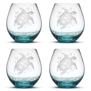 integrity bottles tribal sea turtle design, (set of 4) stemless wine glass, handmade, handblown, hand etched gifts, sand carved, 18oz (bubbly teal)