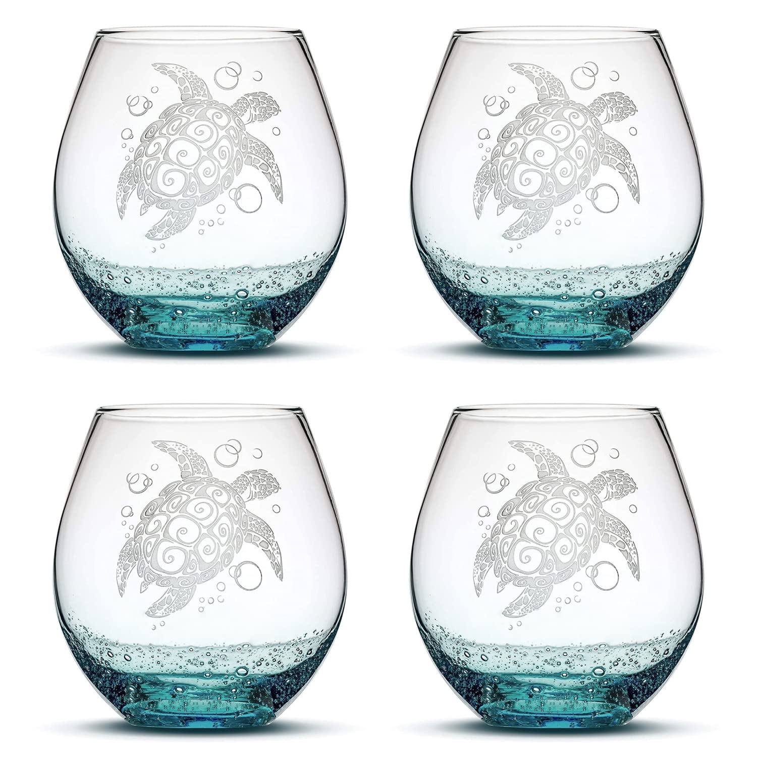 Integrity Bottles Tribal Sea Turtle Design, (Set of 4) Stemless Wine Glass, Handmade, Handblown, Hand Etched Gifts, Sand Carved, 18oz (Bubbly Teal)